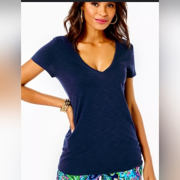 Lily Pulitzer EUC Small Plain Navy V-Neck Women's Top - Picture 1 of 3